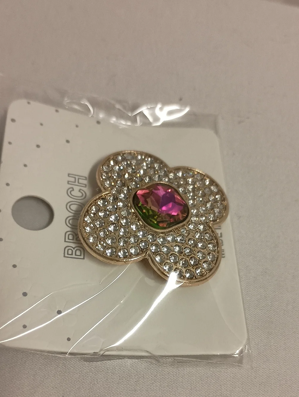 Gold Tone Rhinestone Flower Brooch Pin with Iridescent Crystal Center Pink